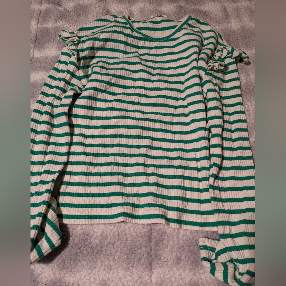 Crewcuts Green and White Striped Long Sleeve Top Size XL